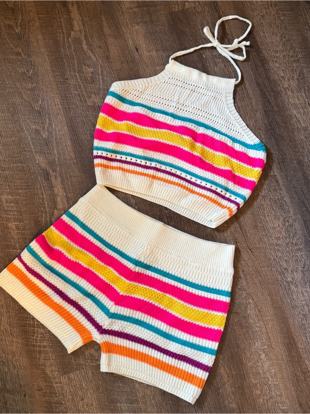 Cream Multicolor Striped Knit Shorts - Women's Summer Casual